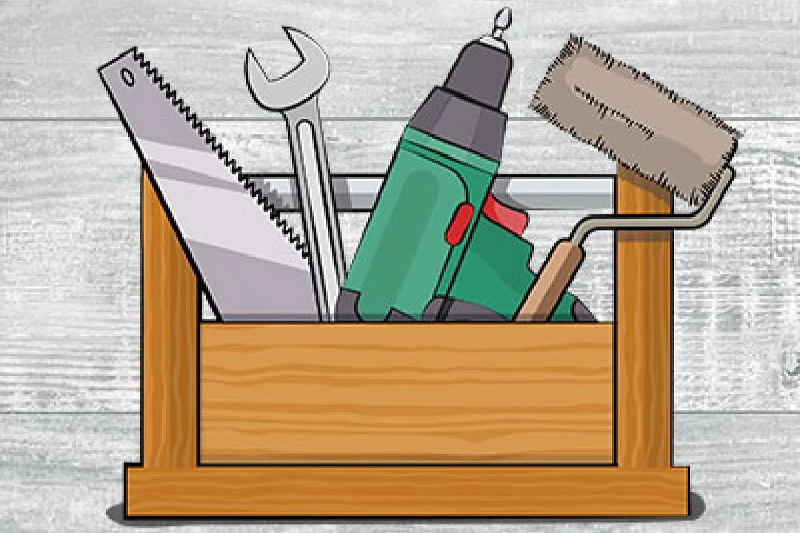 Eine Cartoon-Zeichnung von Werkzeugen in einem Werkzeugkasten